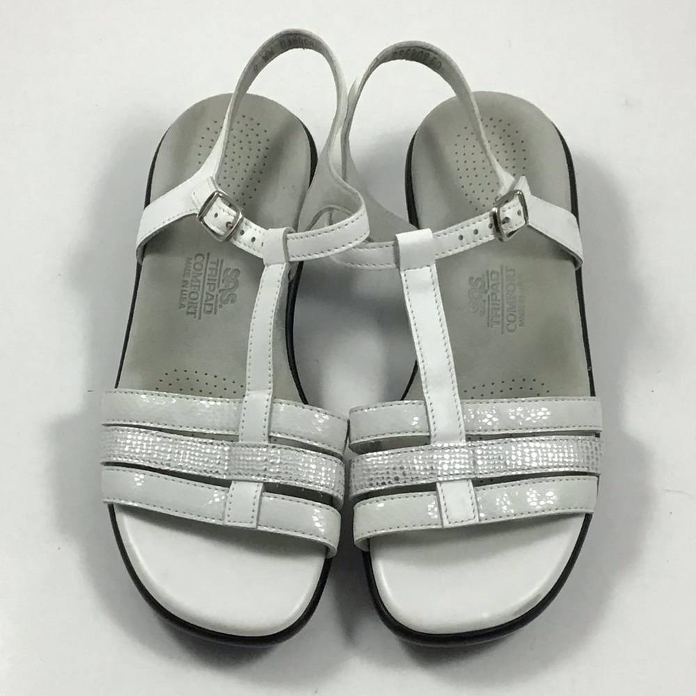 SAS Capri T-Strap Sandals White Silver Size 9 WW